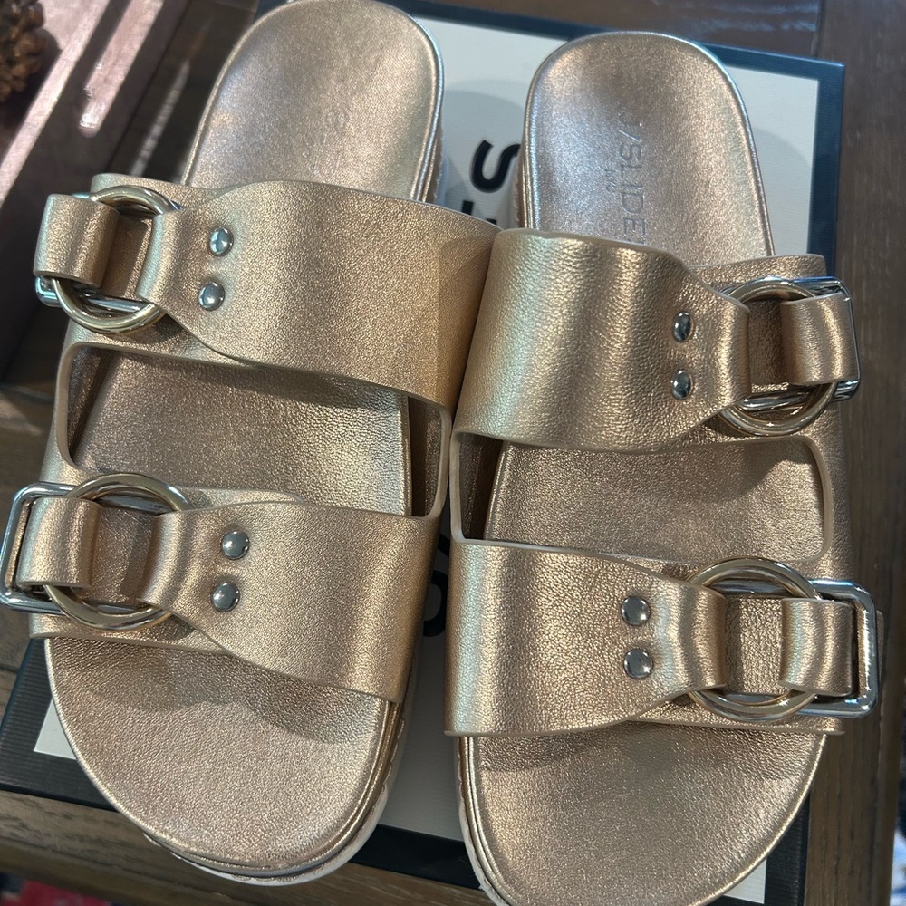 J Slides Rose Gold Baha Buckle Sandals